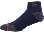 Navy blue hiking socks with orange accents.