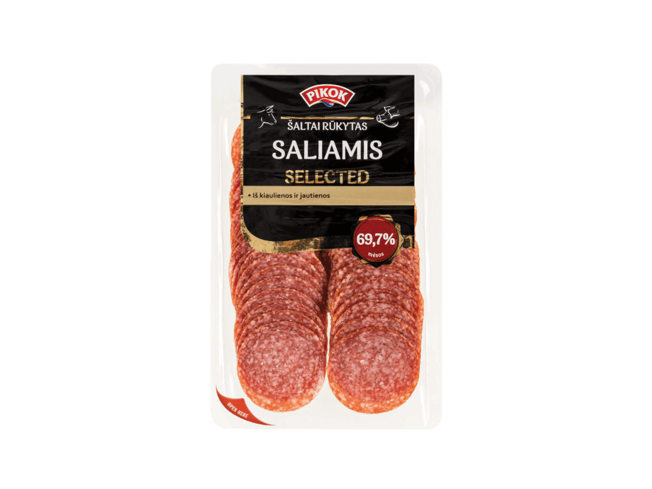 Pikok šaltai rūkytas saliamis „Selected“, pagamintas iš kiaulienos ir jautienos, su 69,7% mėsos.