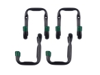 Black hooks with green ends for garden tools.