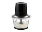 Black and clear glass food chopper with white ingredients inside, on a white background.