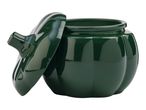Dark green ceramic pumpkin-shaped pot with a lid slightly ajar.