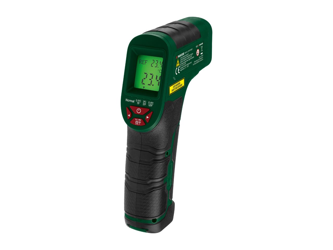 PARKSIDE infrared thermometer with a digital display showing 23.4°C.