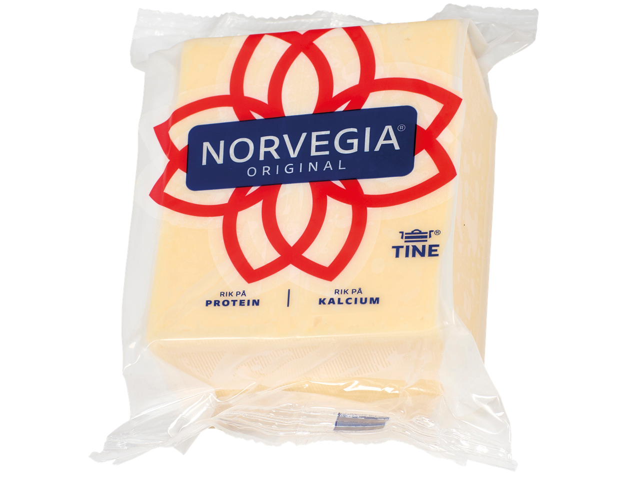 En förpackning Norvegia Original ost från Tine, rik på protein och kalcium.