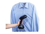 Handheld garment steamer being used on a light blue shirt hanging on a hanger.
