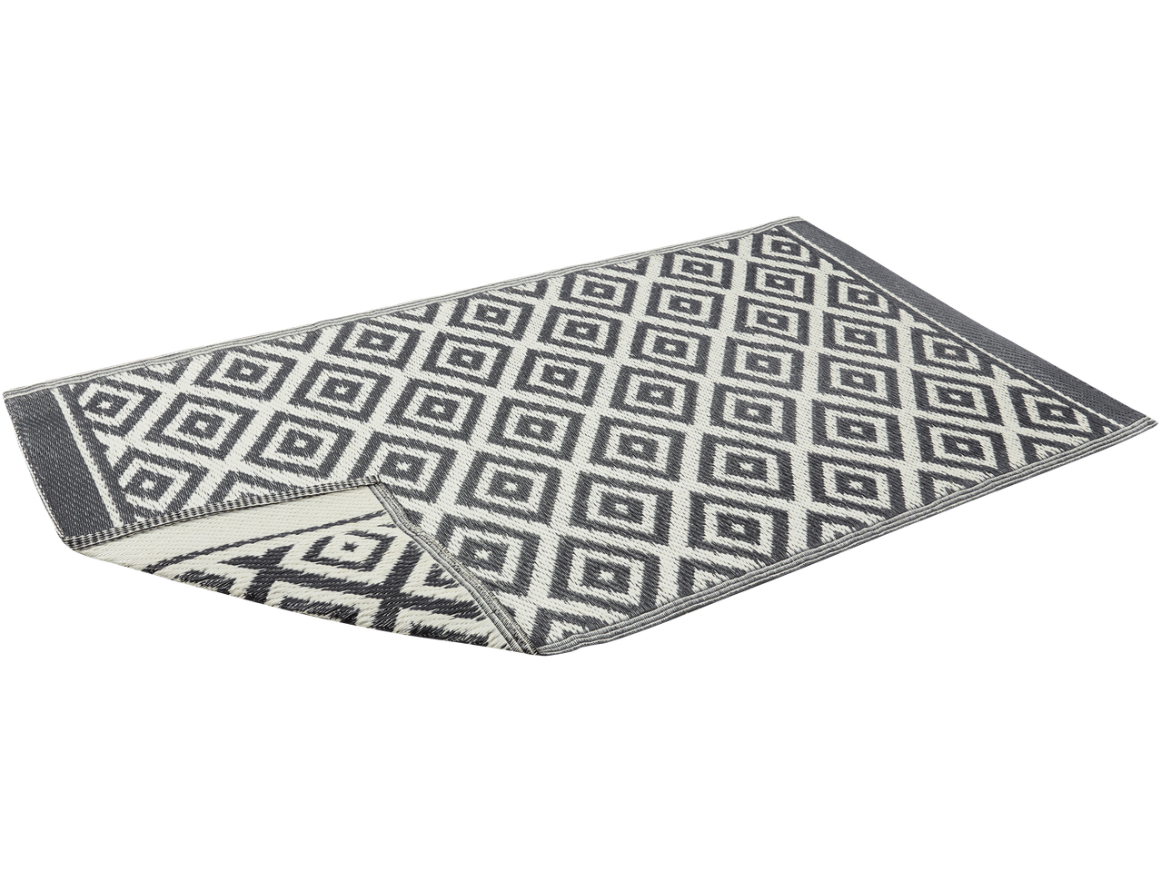 Tapete de jardim com padrão de losangos em cinzento e branco.