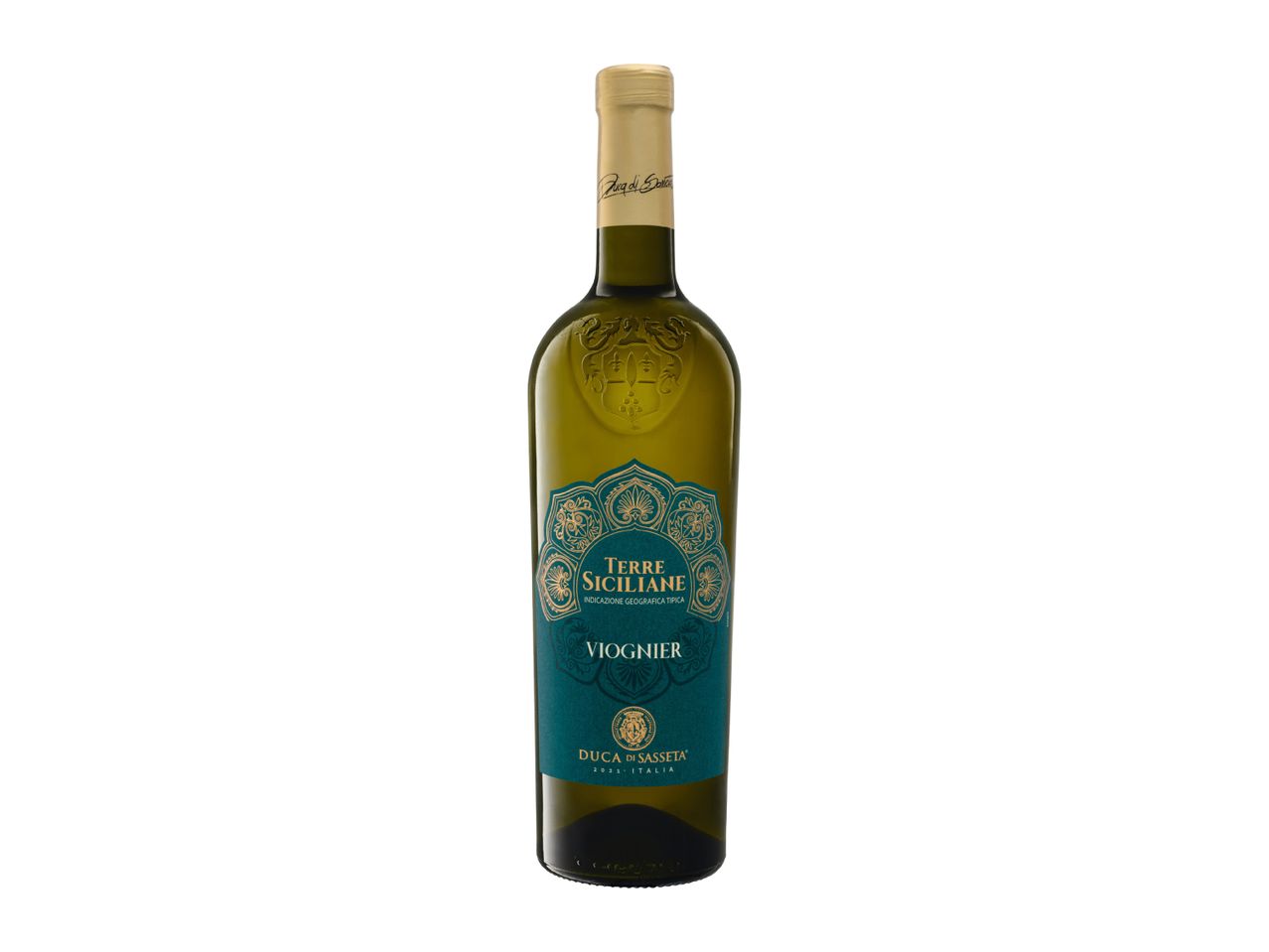 White wine bottle with a teal label featuring gold ornate designs and the text 'TERRE SICILIANE VIOGNIER'.