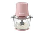 Pink food chopper with a glass bowl containing a white substance.