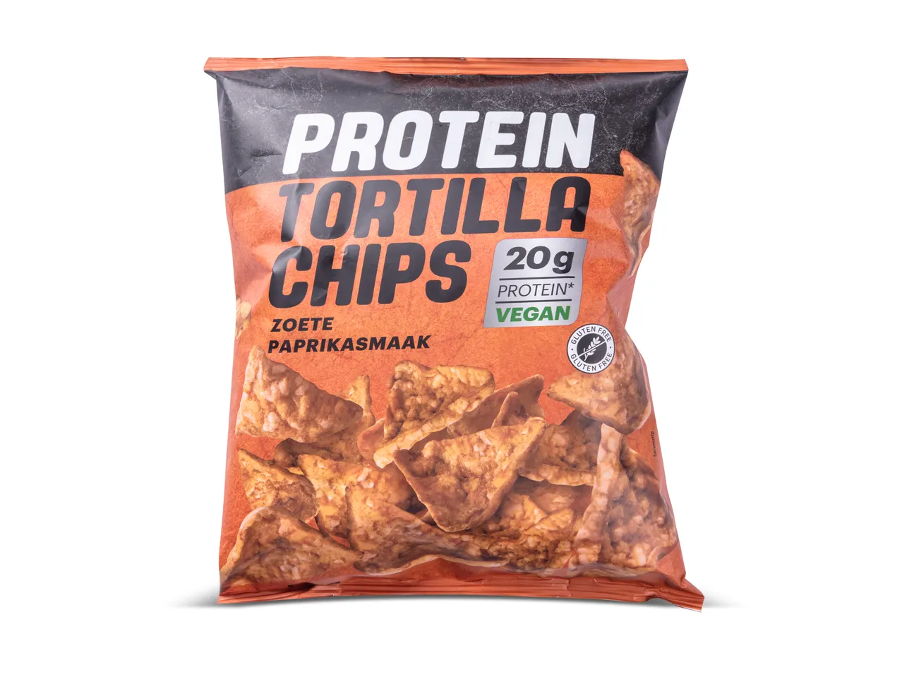 Zak Protein Tortilla Chips, zoete paprikasmaak, vegan en glutenvrij.