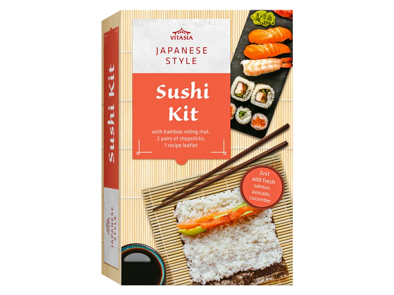 Japanese style sushi kit with ingredients, rolling mat, chopsticks, and recipe leaflet.
