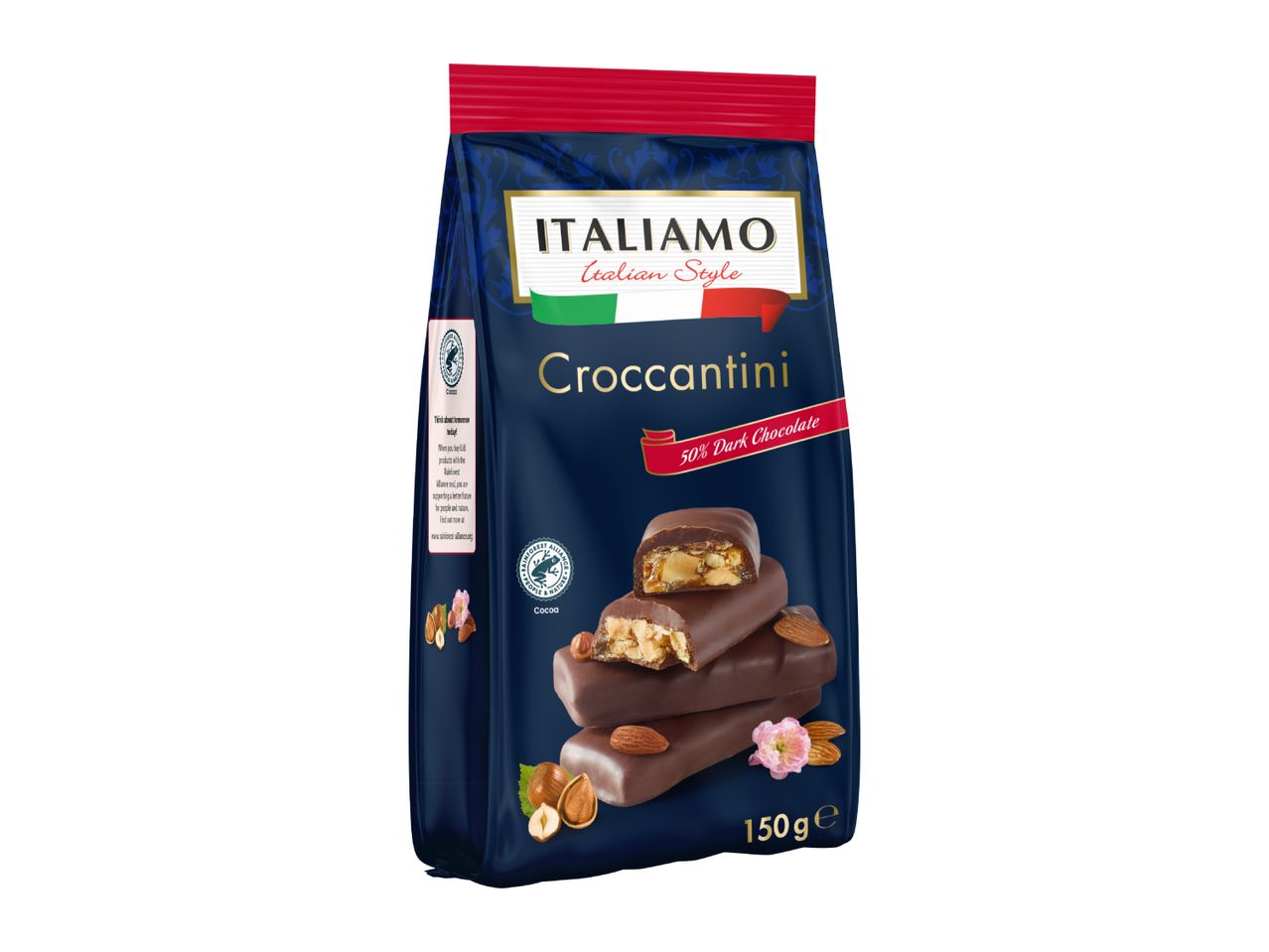 A bag of Croccantini with 50% dark chocolate, showing chocolate bars with nuts and almonds.