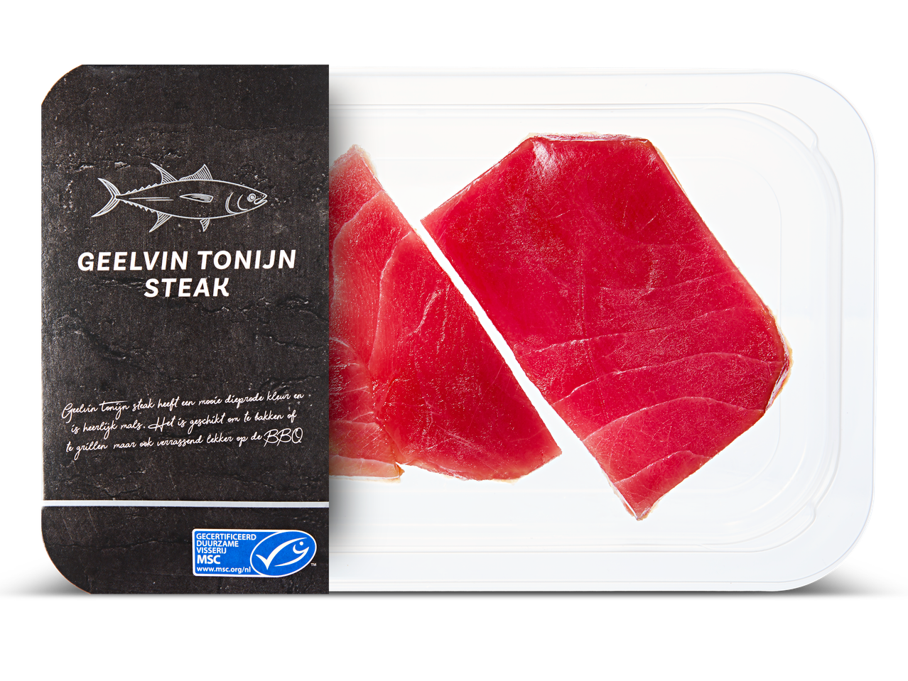 Geelvin tonijn steaks in verpakking: perfect om te grillen of te bakken.