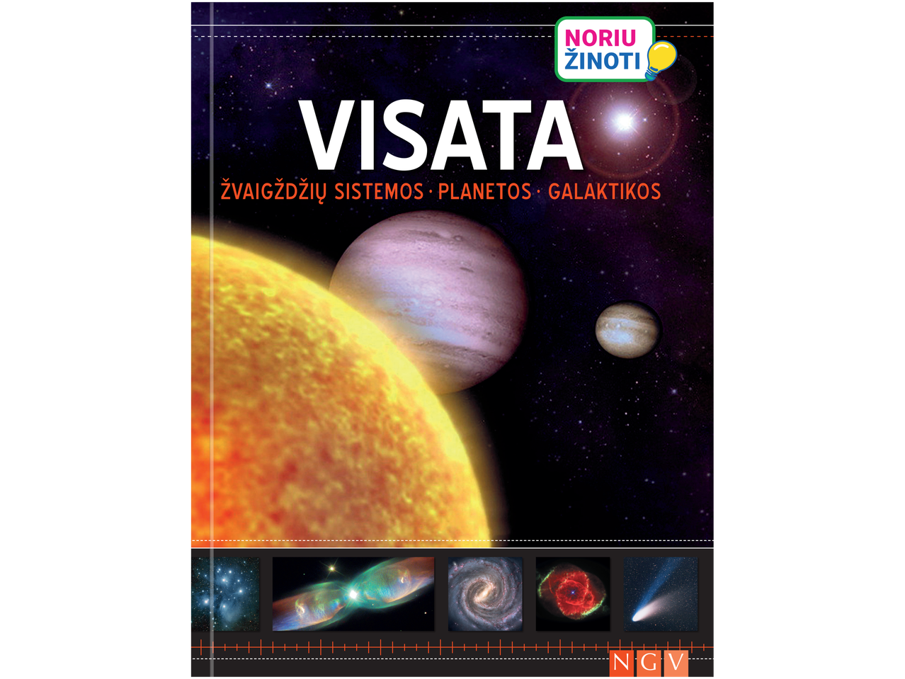 Knygos viršelis „Visata“ su saule, planetomis ir galaktikomis.