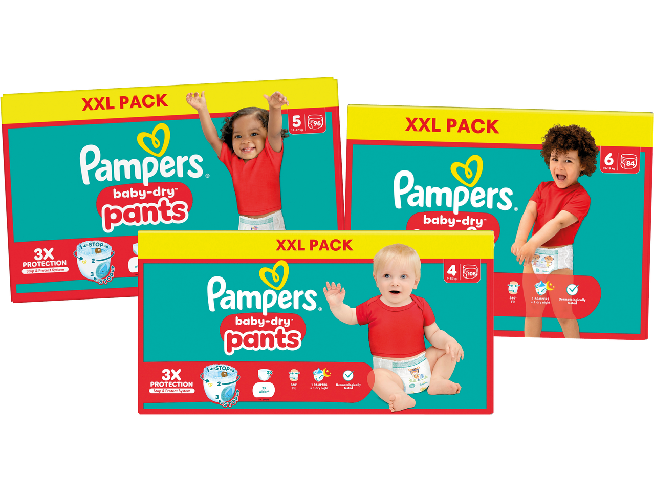 Pampers Baby-Dry Pants blöjor i olika storlekar och förpackningar.