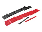 Two long resistance bands, one black and one red, with exercise diagrams, and two smaller bands.