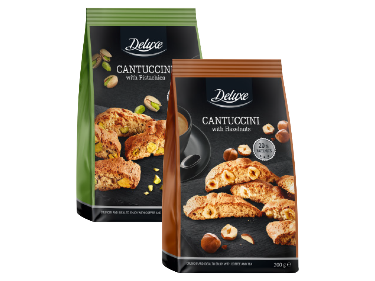 Divi Deluxe Cantuccini iepakojumi: viens ar pistācijām, otrs ar lazdu riekstiem.