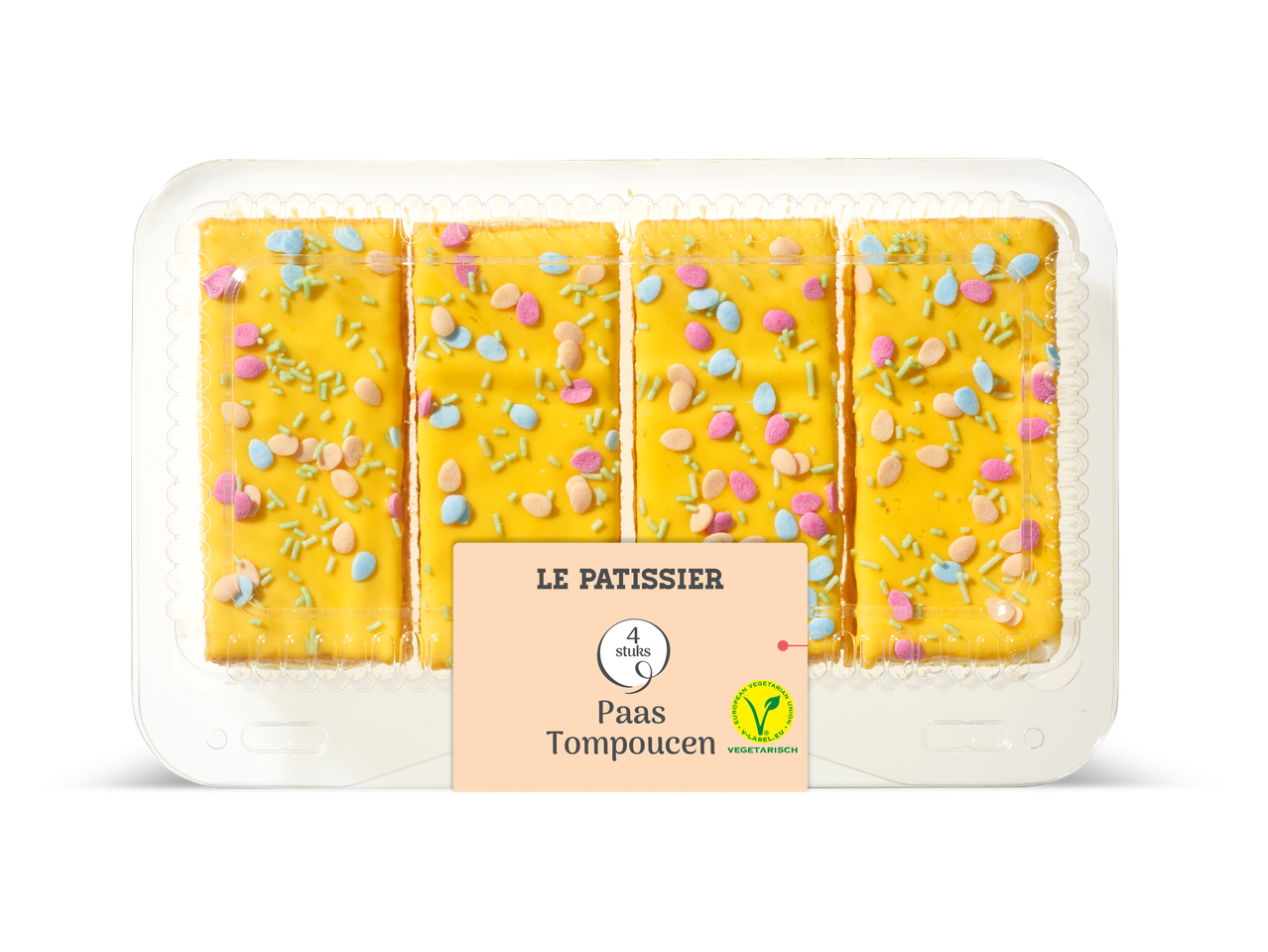 Vier gele Paastompoucen met kleurrijke hagelslag in een doorzichtige plastic verpakking.