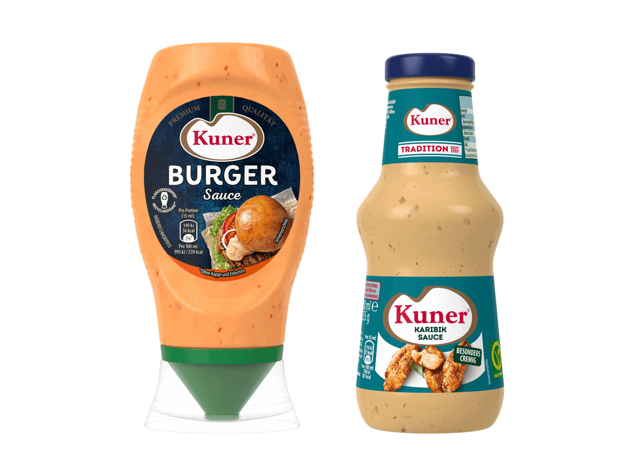 Zwei Flaschen Kuner Saucen: Burgersauce und Karibik Sauce.