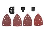 Four triangular sanding sheets and three black plastic attachments
