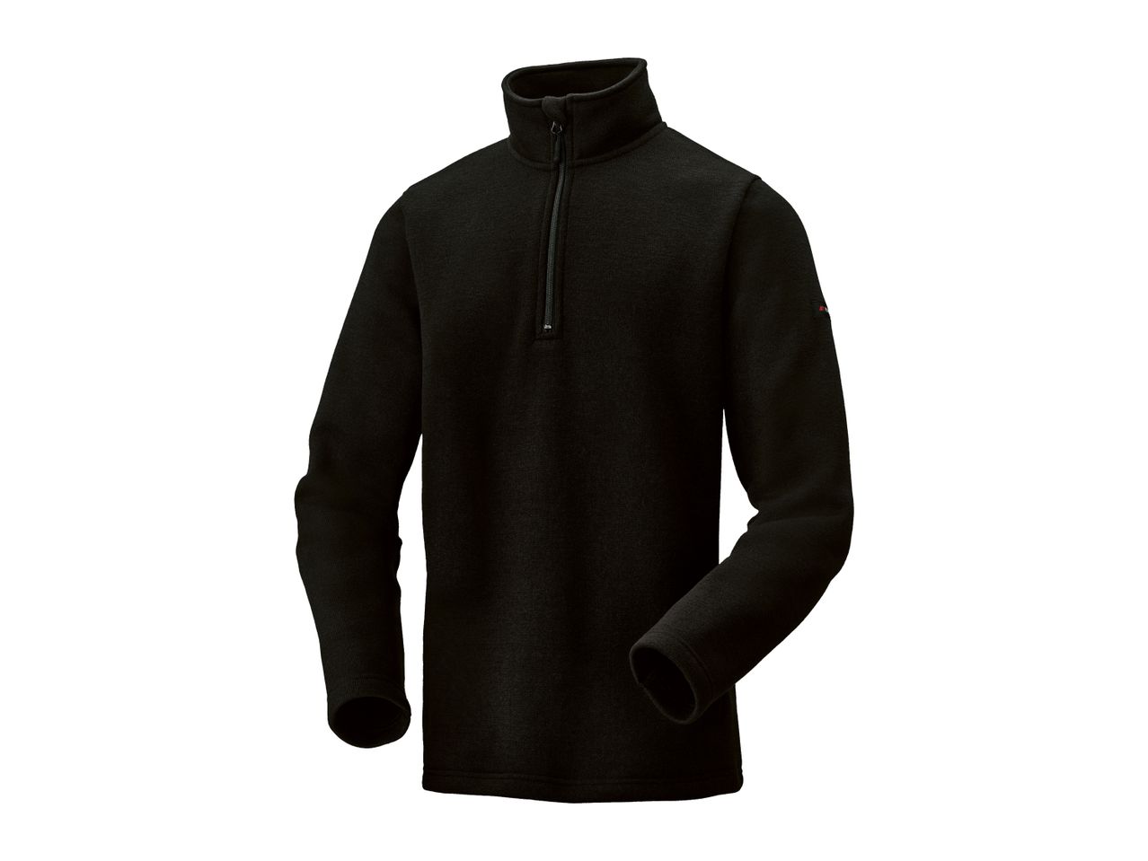 Black quarter-zip fleece pullover with a small logo on the left sleeve.
