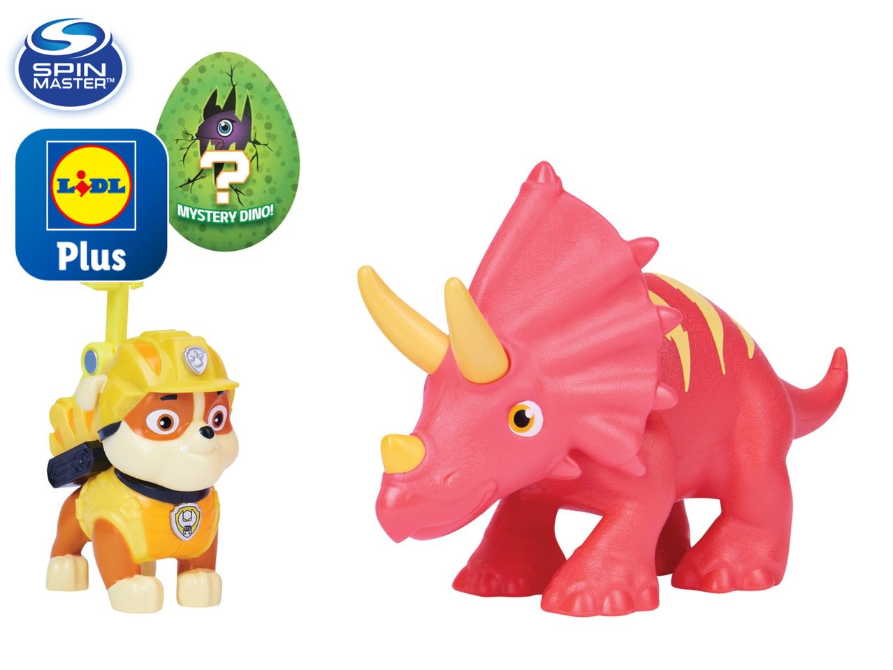 Paw Patrol's Rubble and a pink Triceratops dinosaur toy.