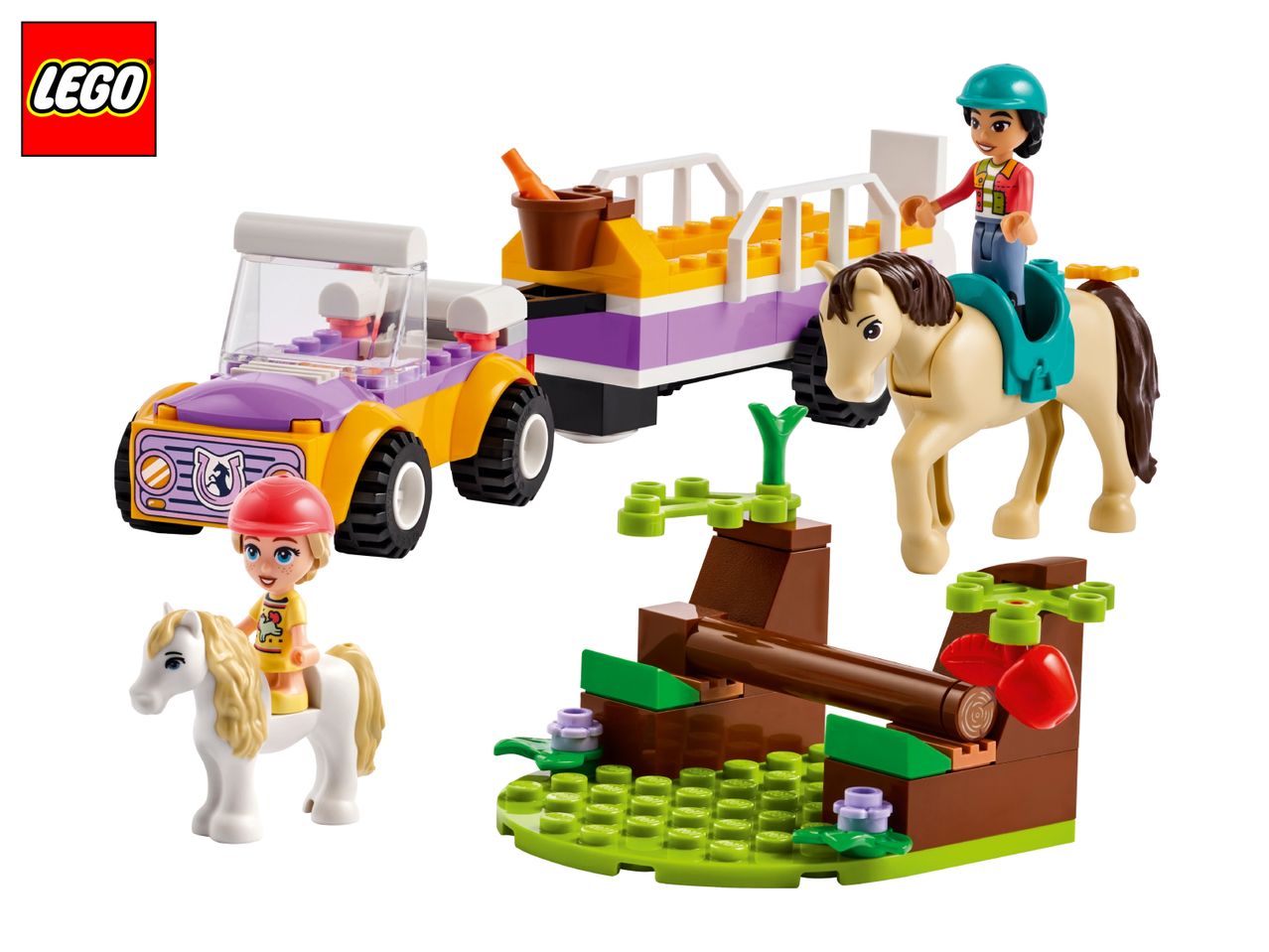 LEGO Friends horse trailer with two minifigures, two horses, and an obstacle course.