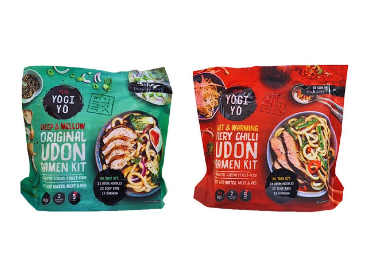 Two Korean Udon Ramen Kits, one original and one fiery chilli, with noodles and garnishes.