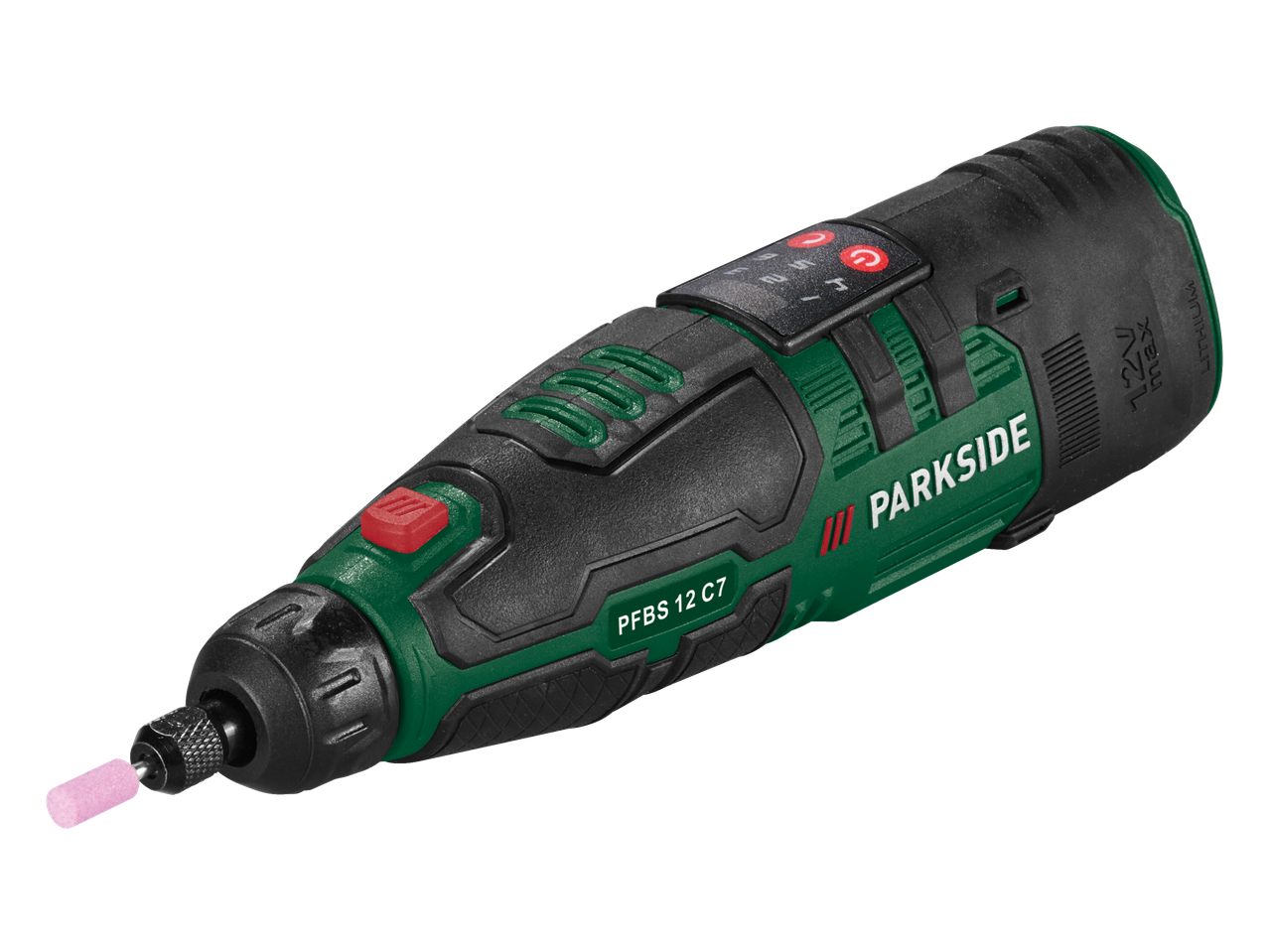 PARKSIDE® 12V Cordless Precision Drill Grinder, model PFBS 12 C7, with a grinding bit.