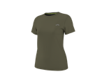 T-shirt de sport vert olive pour femme avec un petit logo sur la poitrine.