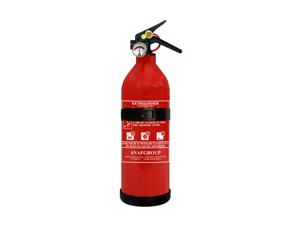 A red fire extinguisher with a black nozzle.