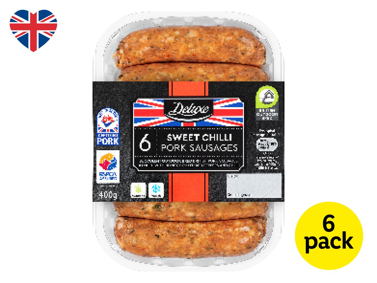 A package of Deluxe 6 Sweet Chilli Pork Sausages, 400g, with British flag heart icon.