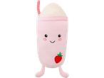 Pink plush milkshake with a smiling face, strawberry, and striped straw.