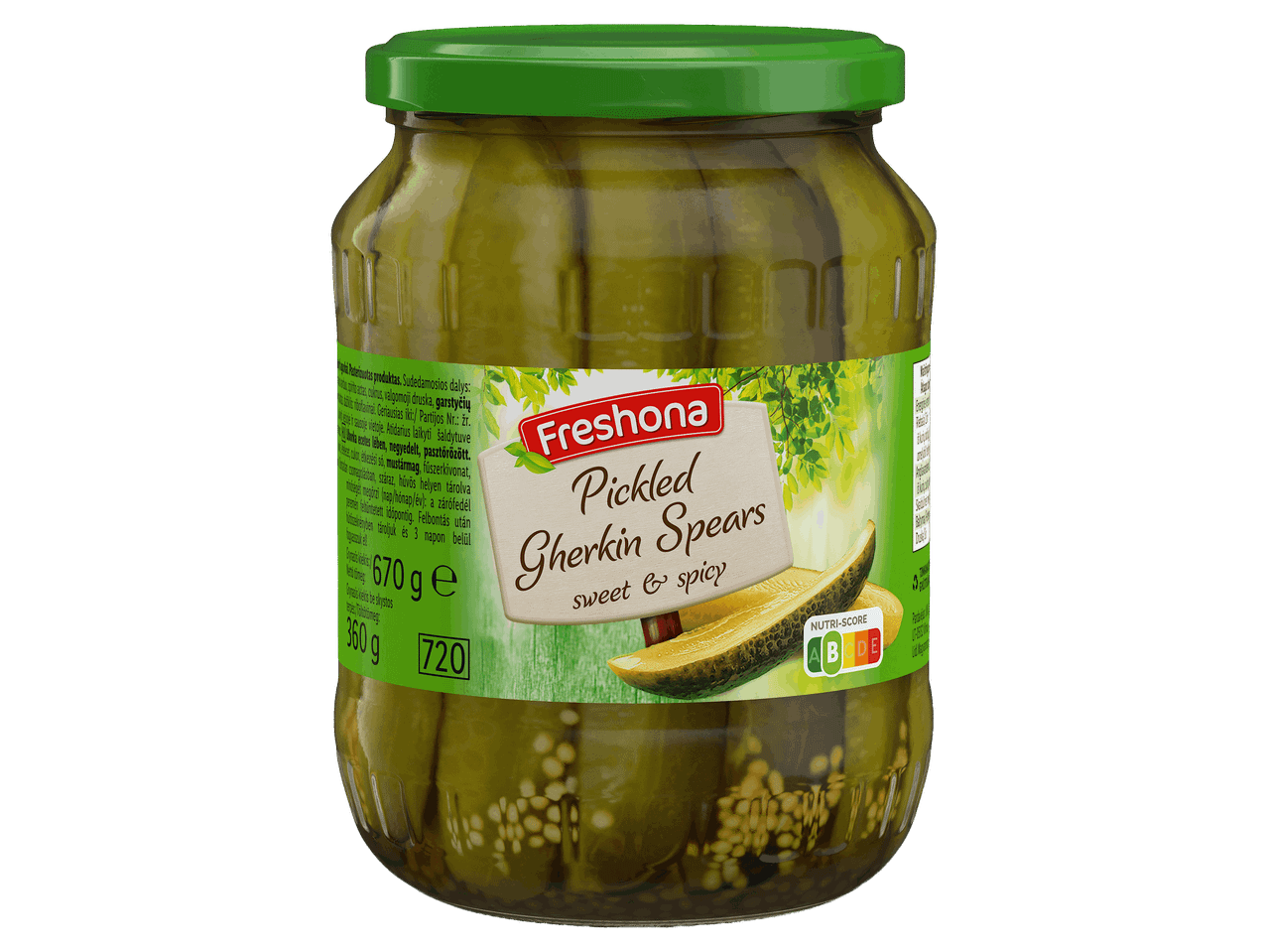 Édes-savanyú, fűszeres csemegeuborka-hasábok üvegben.