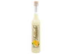 Garrafa de licor cremoso de limoncello com uma ilustração de limão no rótulo.