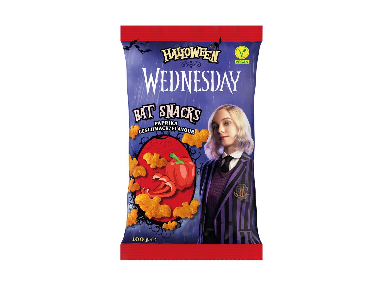 Halloween Wednesday Bat Snacks, paprika flavor, featuring a character from the show.