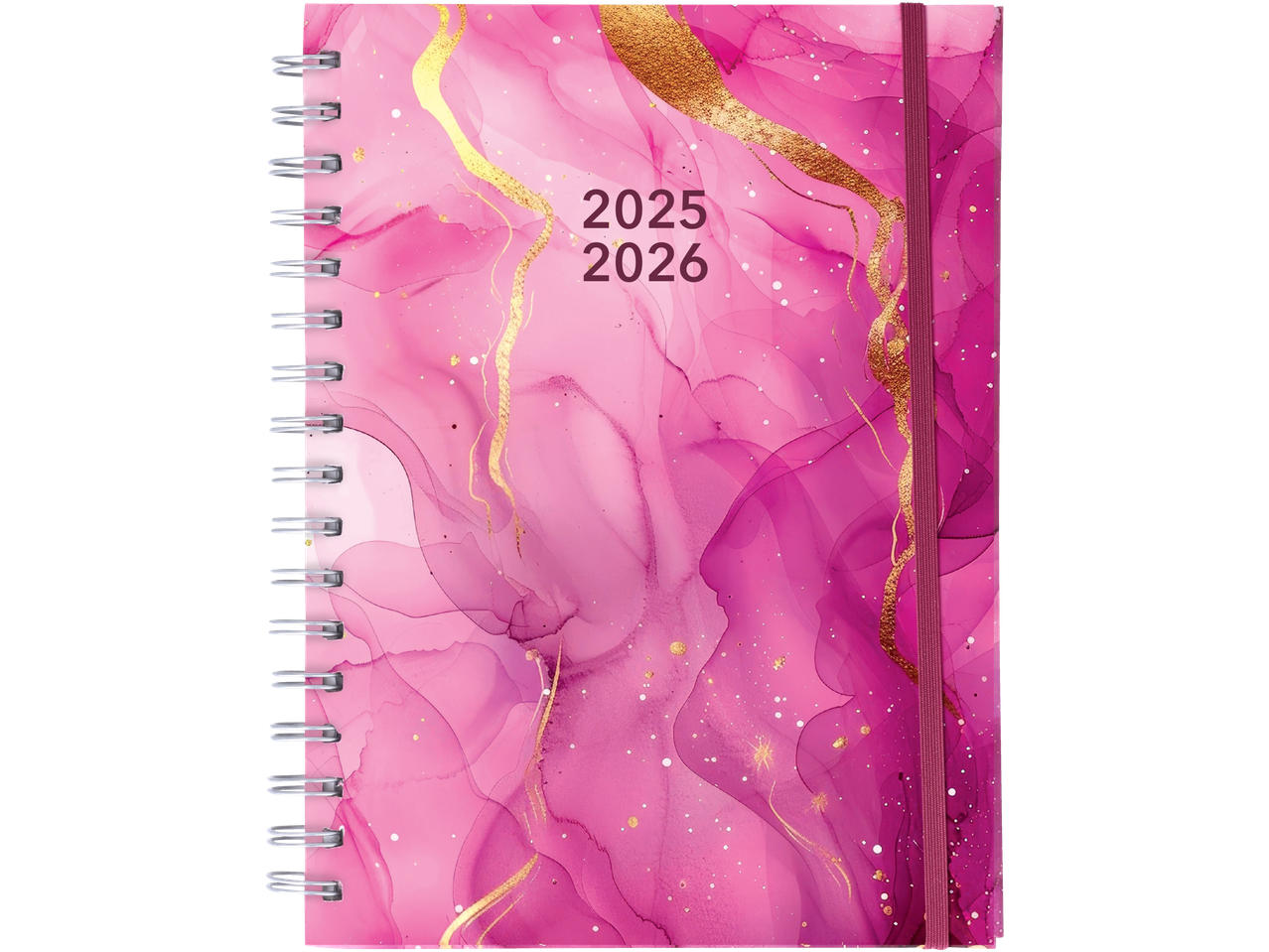 Спирални планер за 2025. и 2026. годину, ружичасто-златни дизајн.