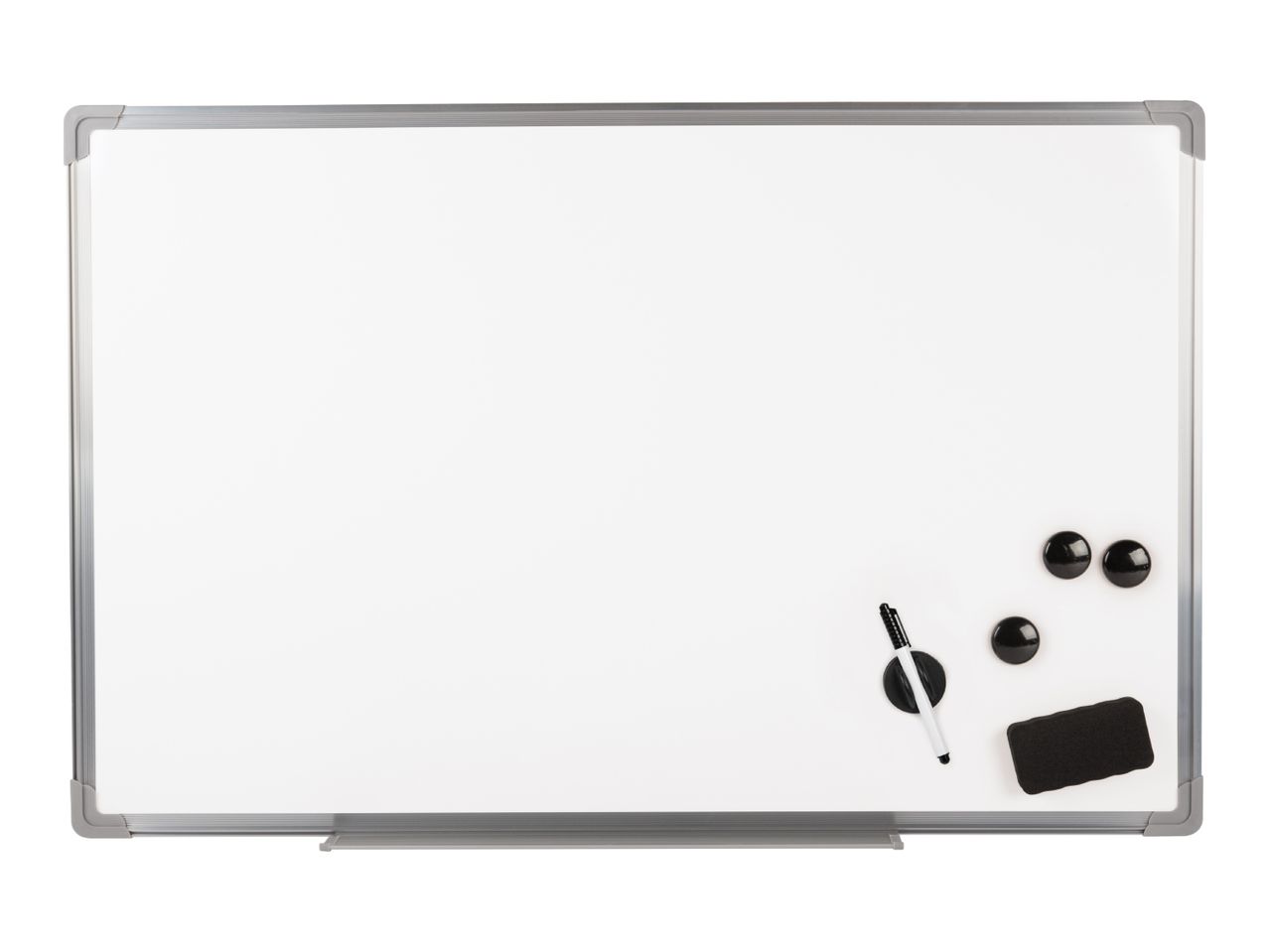 Whiteboard with a marker, eraser, and magnets on a white background.