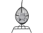 Comfortable outdoor hanging chair with grey cushions.