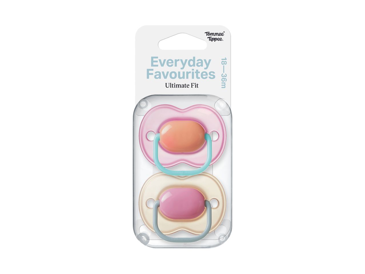 Two pacifiers in pink and cream, packaged together, for babies 18-36 months.