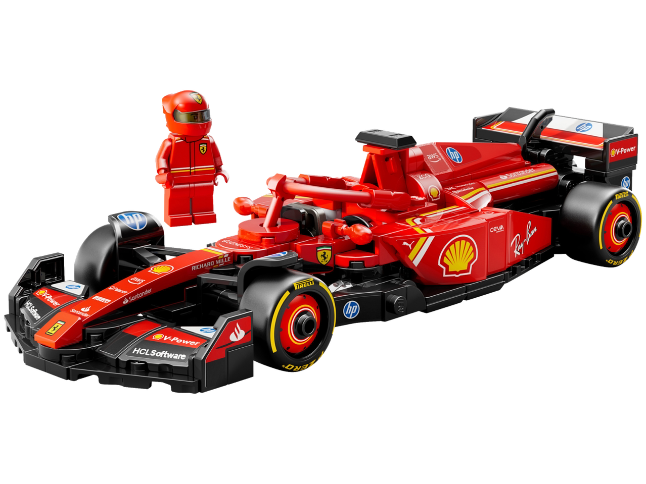Raudonas LEGO Formulės 1 automobilis su vairuotoju ir Ferrari logotipu.
