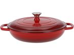 Red cast iron Dutch oven with a silver knob on the lid.