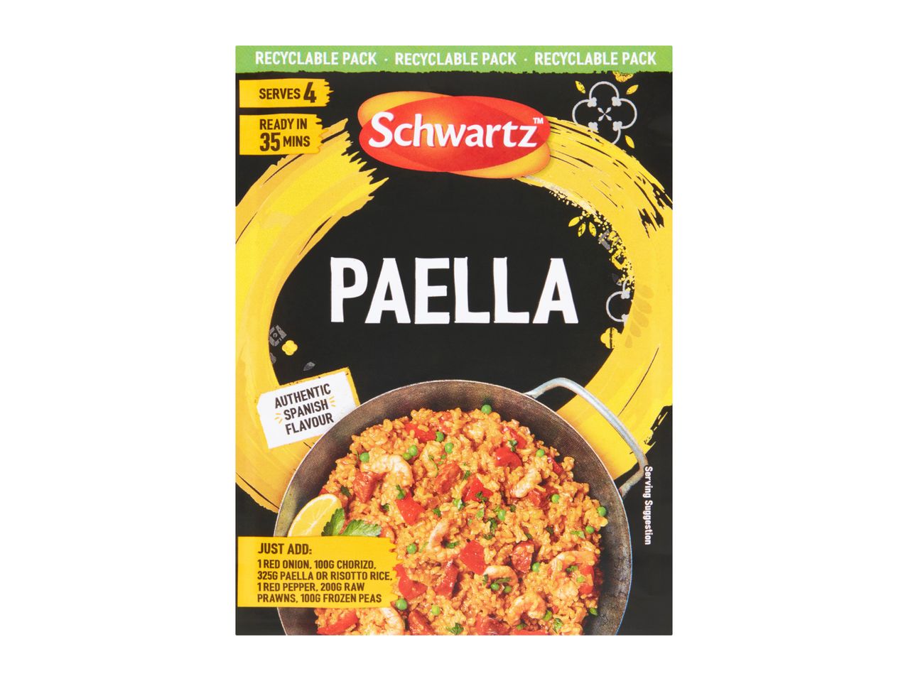 Paella meal kit with a serving suggestion of paella in a pan, ready in 35 minutes, serves 4.