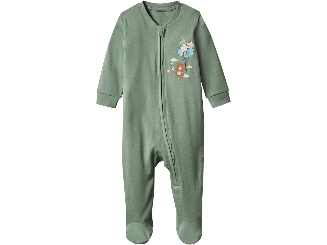 Lupilu baby sleepsuit in sage green with a bear and balloons graphic.