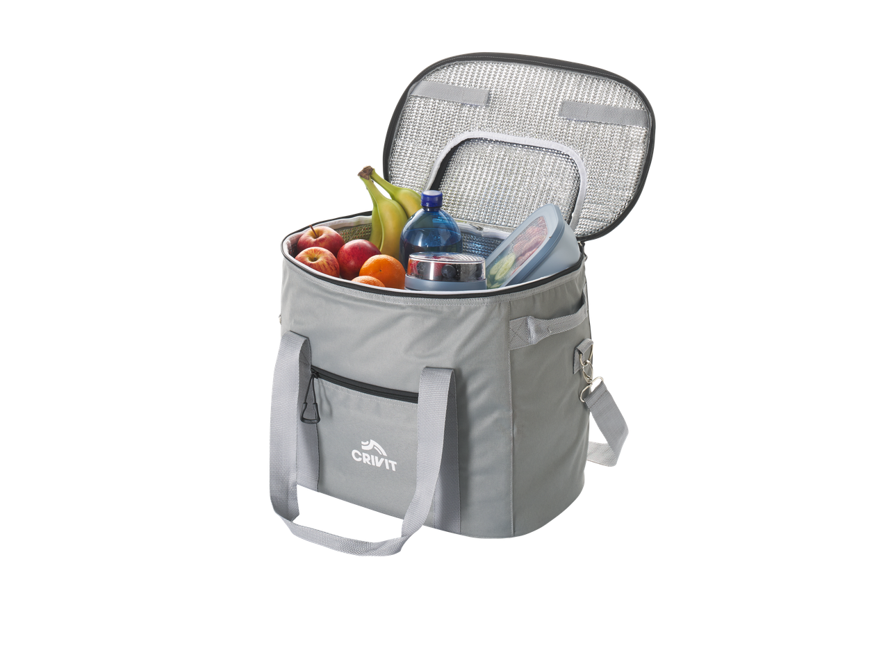 Saco térmico cinzento com fruta, uma garrafa de água e recipientes de comida.