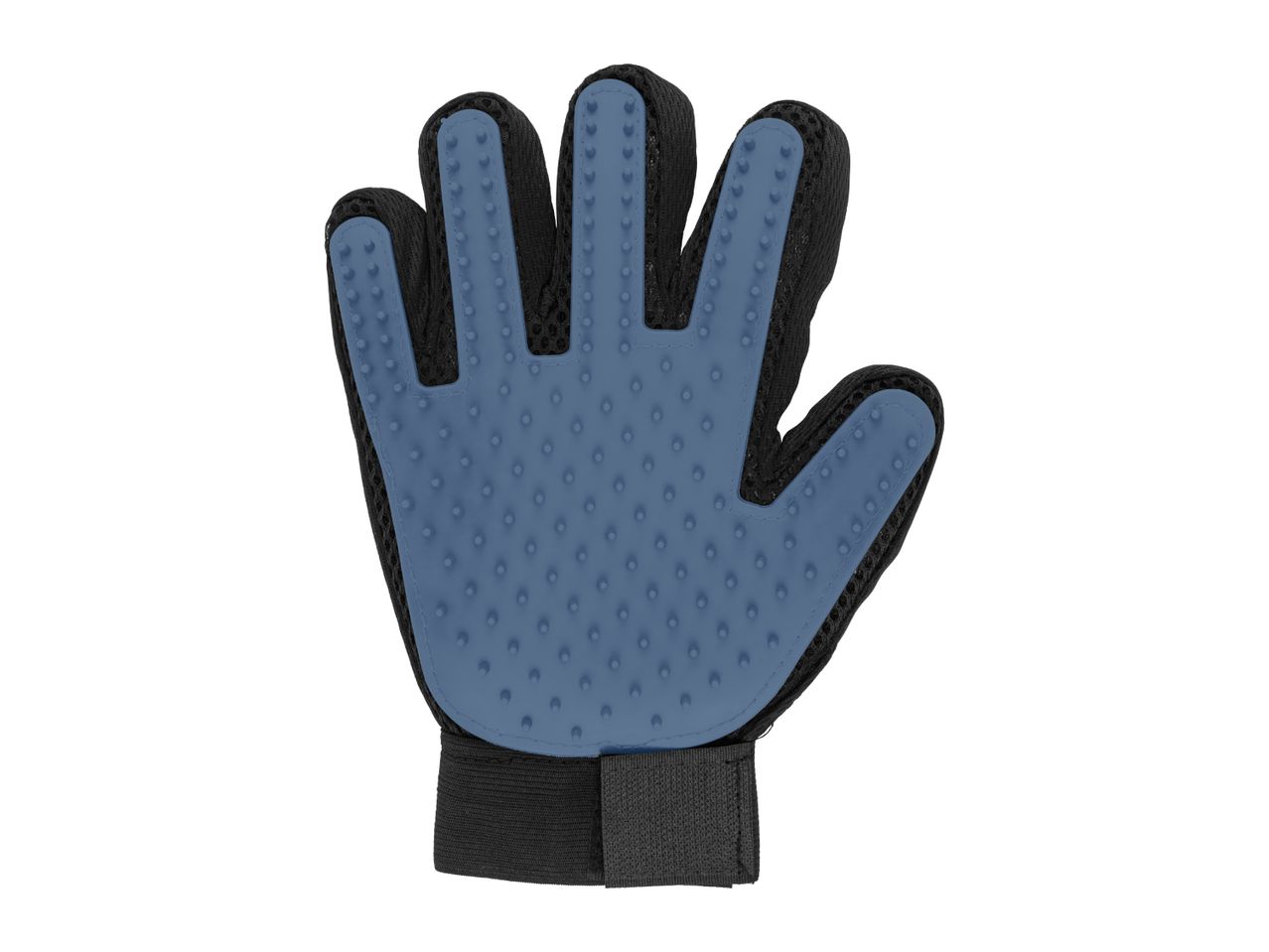 Pet grooming glove with blue silicone nubs and black mesh backing