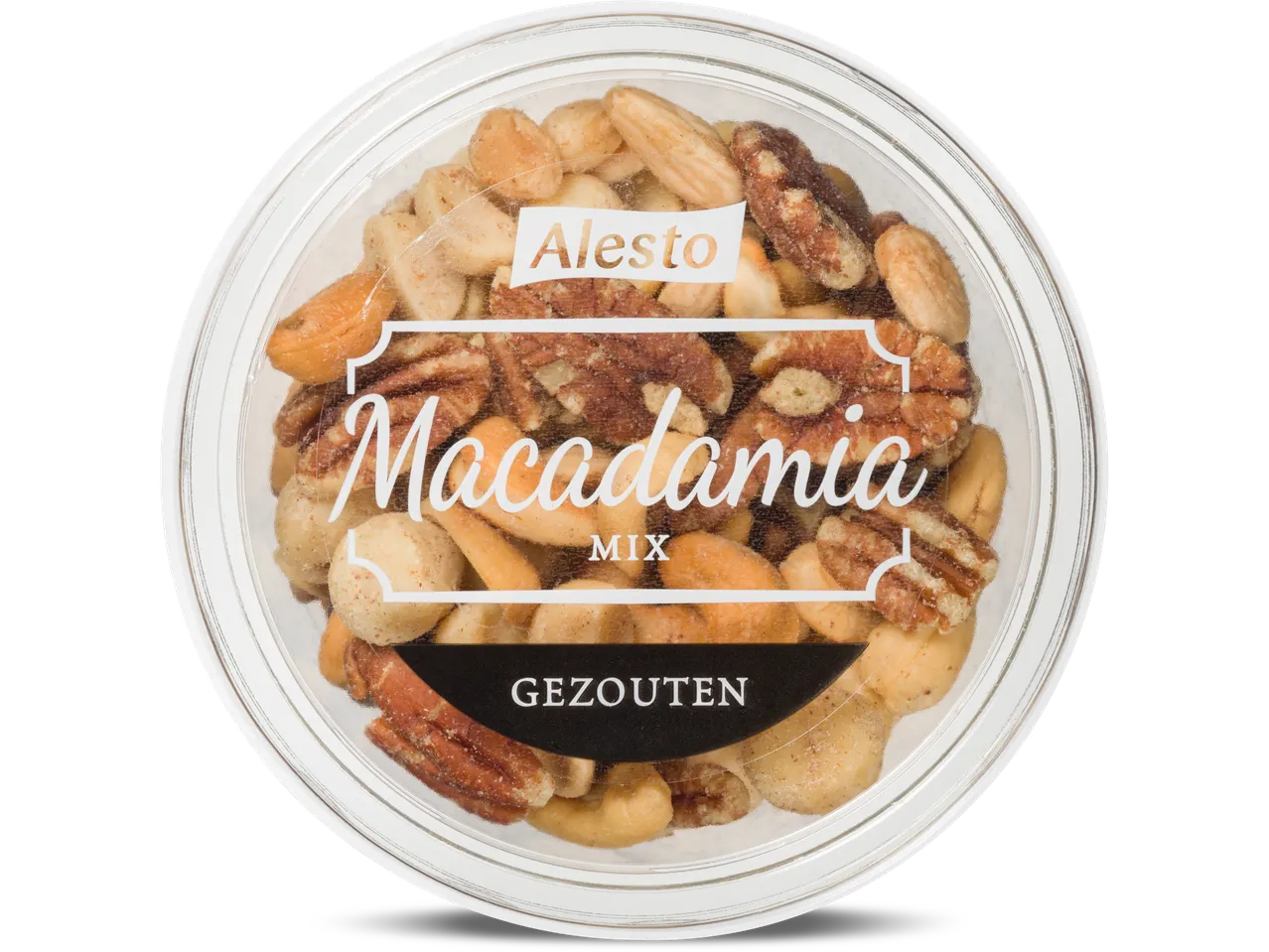 Alesto Macadamia Mix: pecannoten en macadamianoten in een pot.