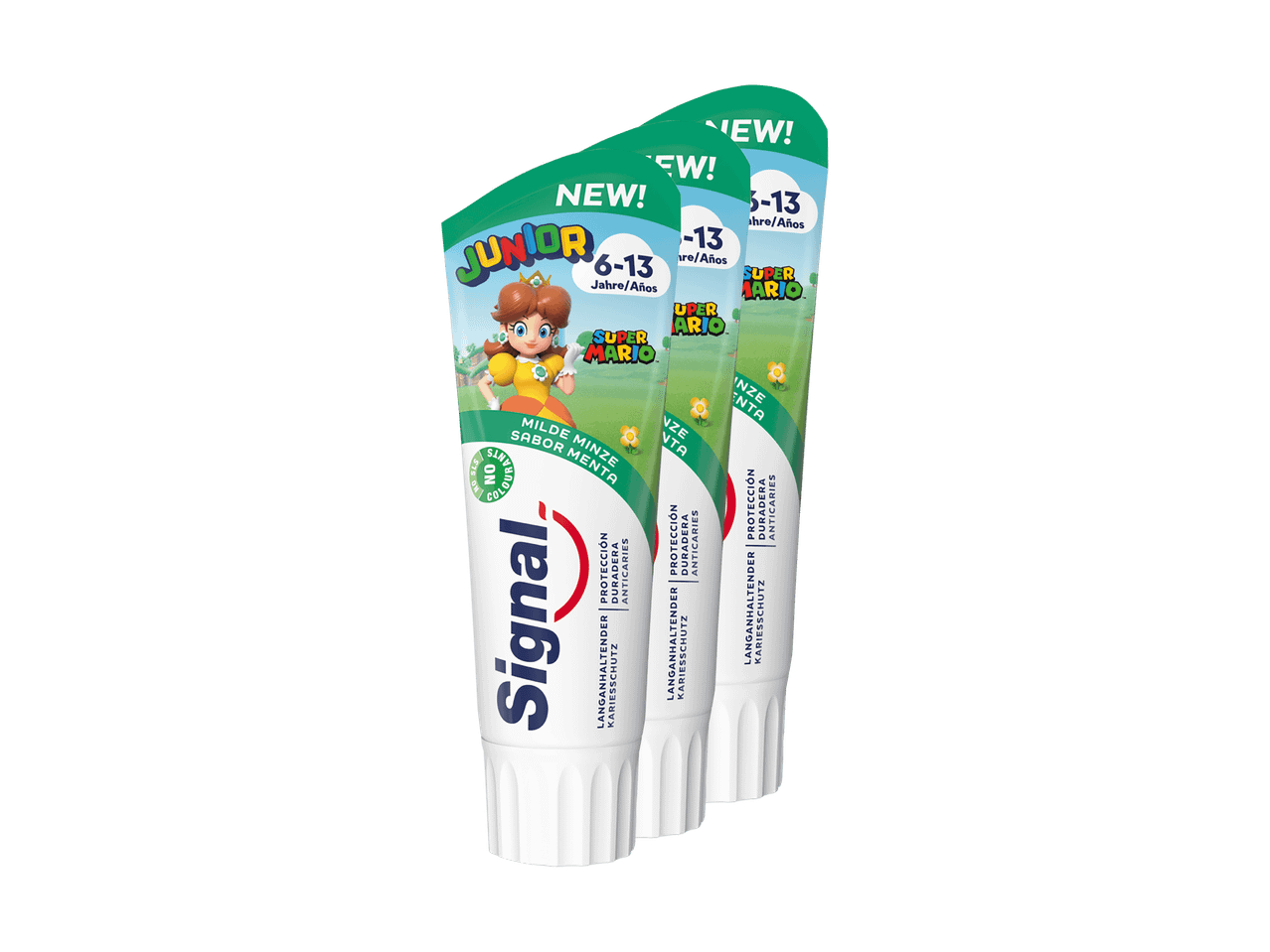 Trois tubes de dentifrice Signal Junior Super Mario pour enfants de 6 à 13 ans.