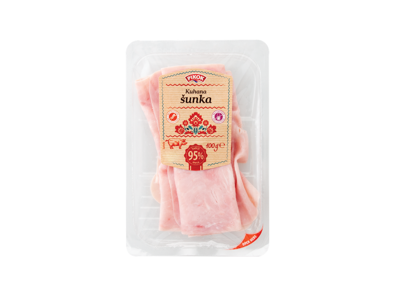 Pakiranje kuhane šunke s natpisom '95% mesa' i 'bez glutena, bez laktoze'.