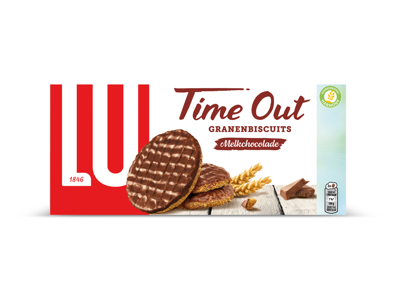 Granenbiscuits met melkchocolade op een verpakking met tarwe en chocoladestukjes.