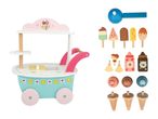 Wooden toy ice cream cart with various ice cream treats and toppings.