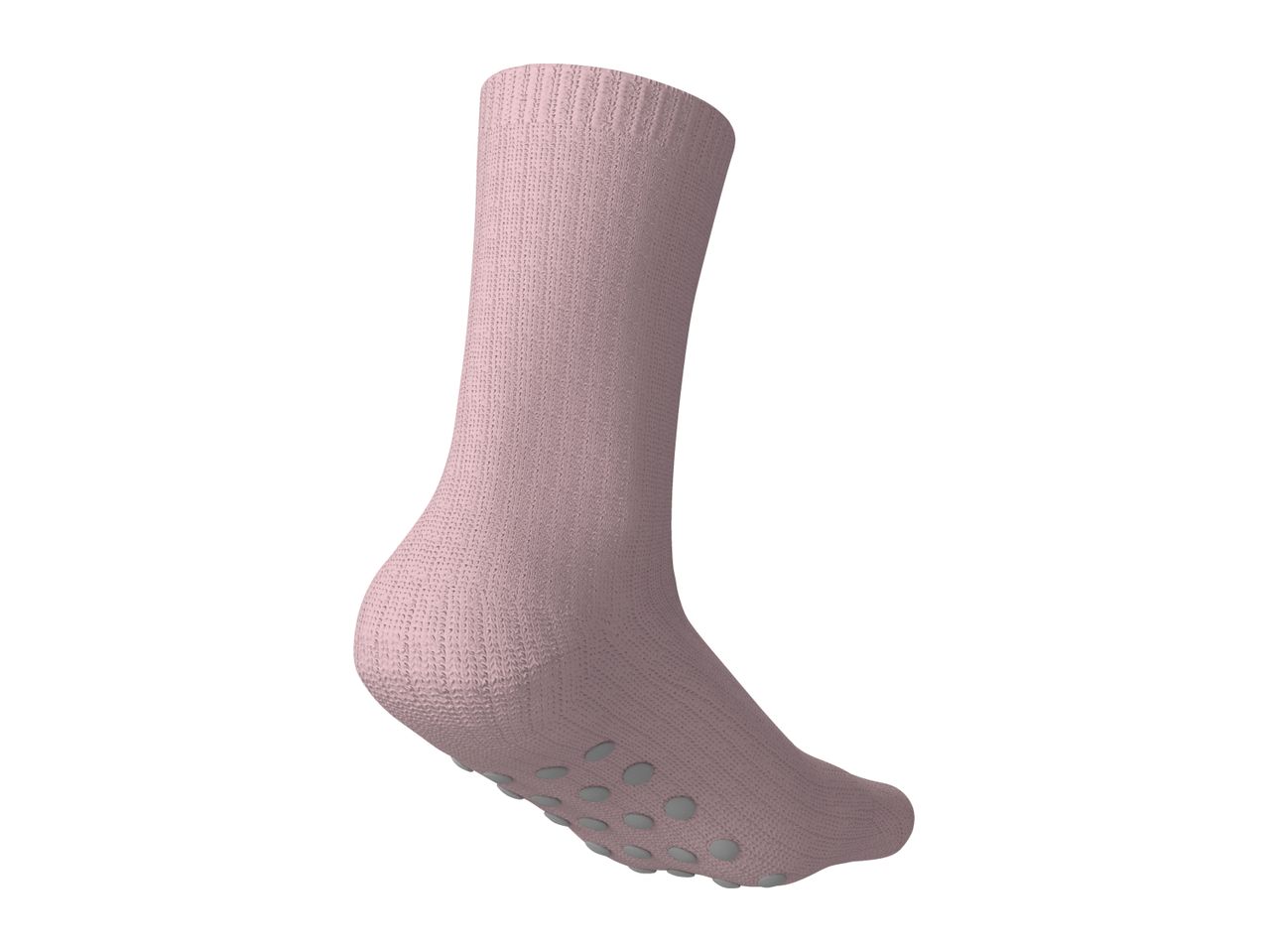 A single pink sock with grey anti-slip grips on the sole.